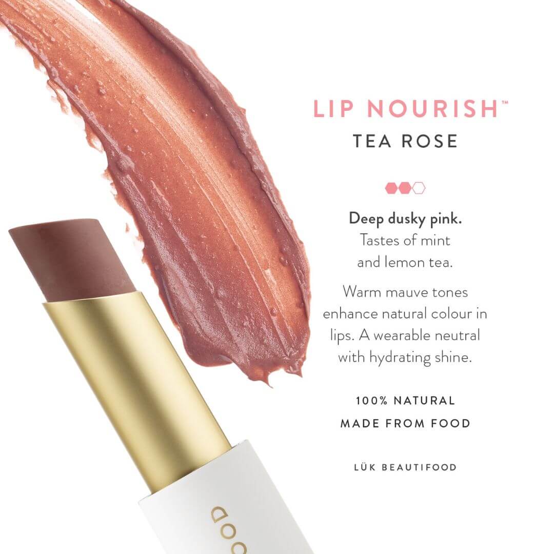 Deep dusky pink sheer lipstick in tea rose