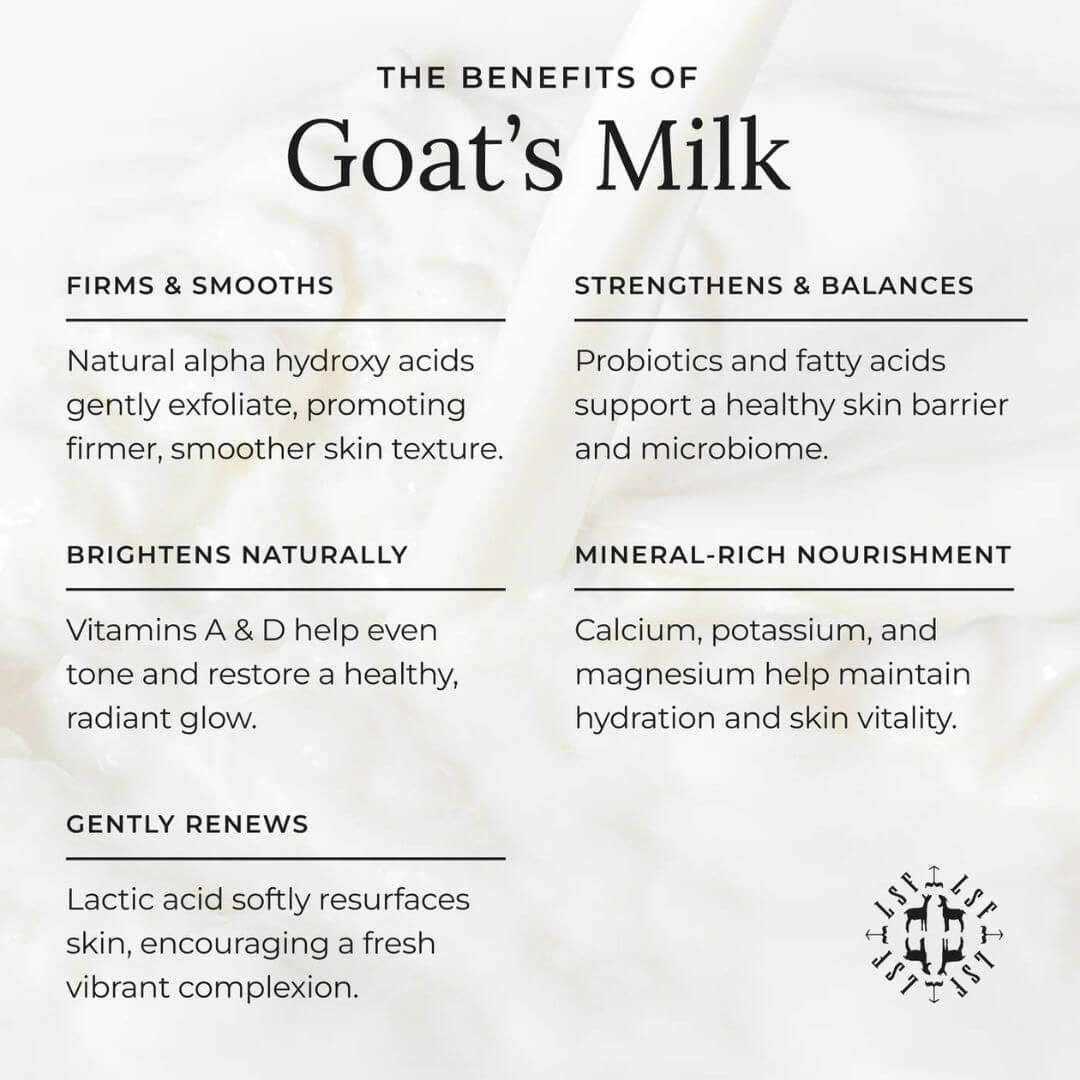 List of benefits of goat's milk on a white background with a blurred image of a goat.