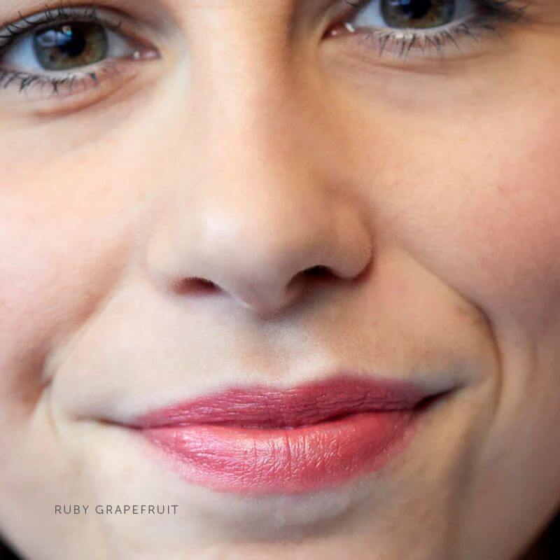 model wearing ruby grapefruit lipstick Luk Beautifood