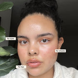 Close-up of a person wearing Axiology Radiance Tinted Dew on eyes, lips and cheeks