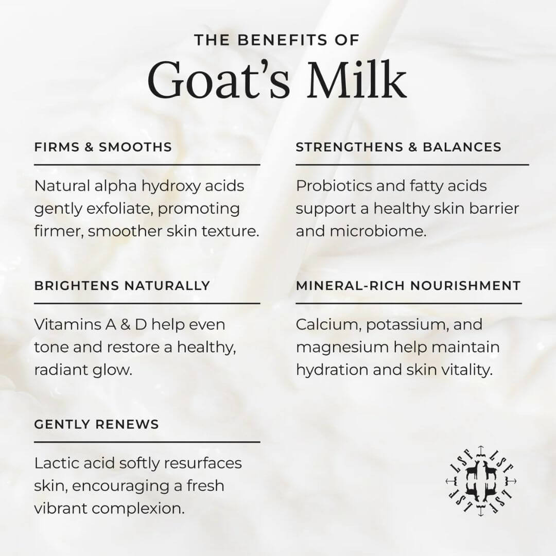 List of benefits of goat's milk in skincare on a white background by Little Seed Farm