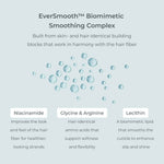 An informational graphic for EverSmooth™ Biomimetic Smoothing Complex  featuring Niacinamide, Glycine & Arginine, and Lecithin, describing benefits for hair health, softness, and shine.