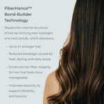 Woman with long, healthy hair with text about FiberHance Bond-Builder Technology.