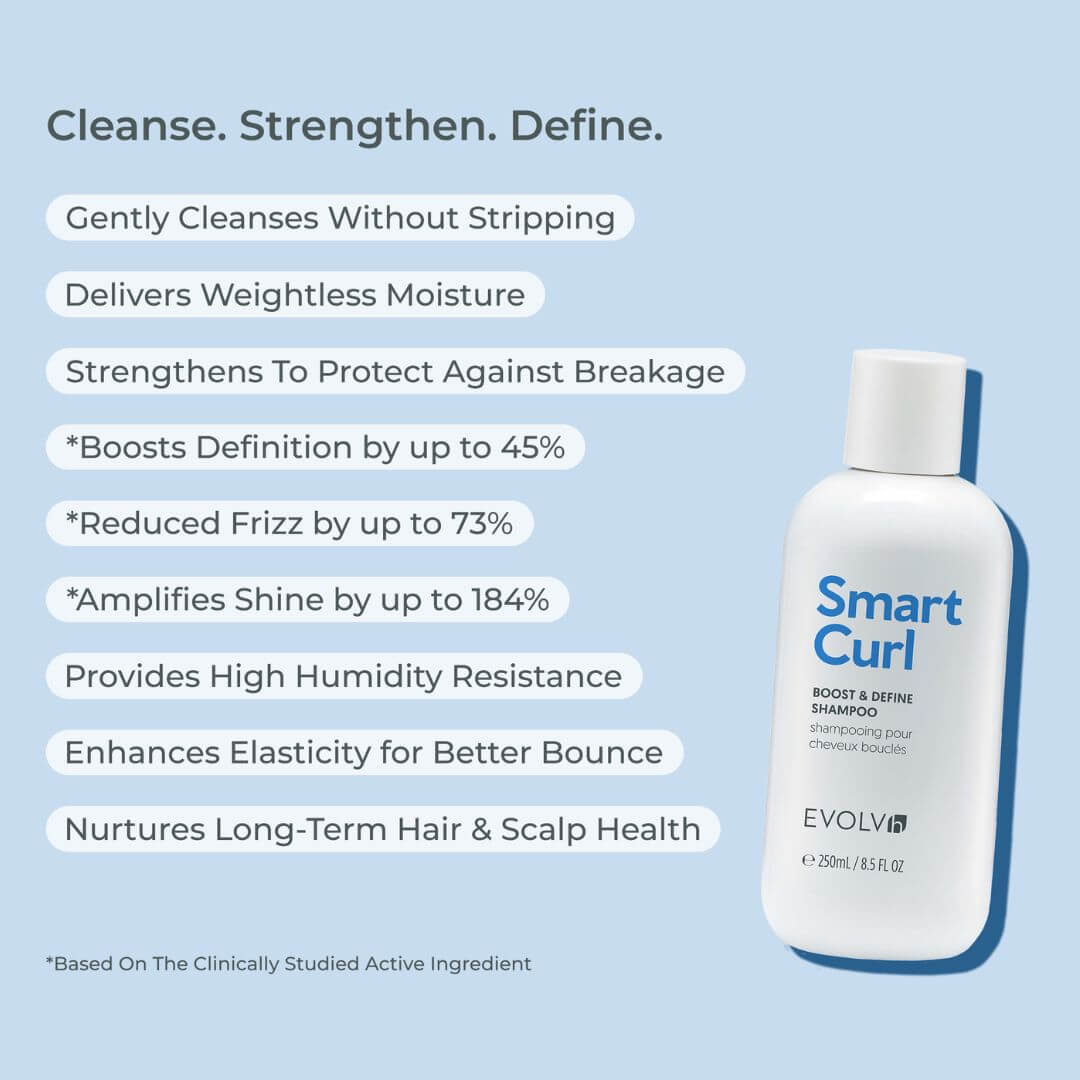 Smart Curl shampoo bottle with product benefits on a light blue background