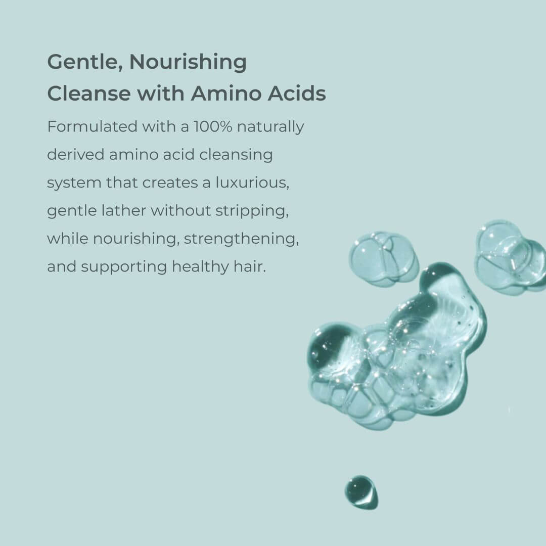 Text about a gentle, nourishing cleanse with amino acids on a light blue background with shampoo swatch