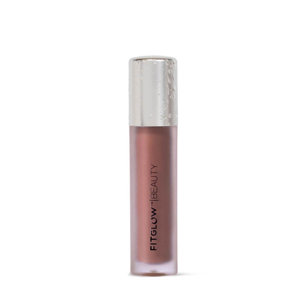 Lip gloss with silver cap and FitGlow Beauty branding on a white background