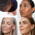 Collage of a woman wearing Fitglow Bronzer and three women with different skin tones.