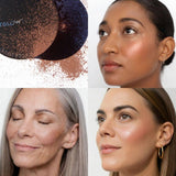 Collage of a woman wearing Fitglow Bronzer and three women with different skin tones.
