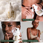A four-panel collage showing a white and gold bottle of Fitglow Bubble Wash body wash/foam used as shaving foam on skin, facial cleanser on a face, and body + hand wash with running water. 