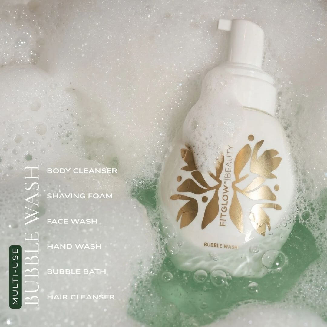 Bottle of Fitglow Bubble wash body cleanser and shaving foam