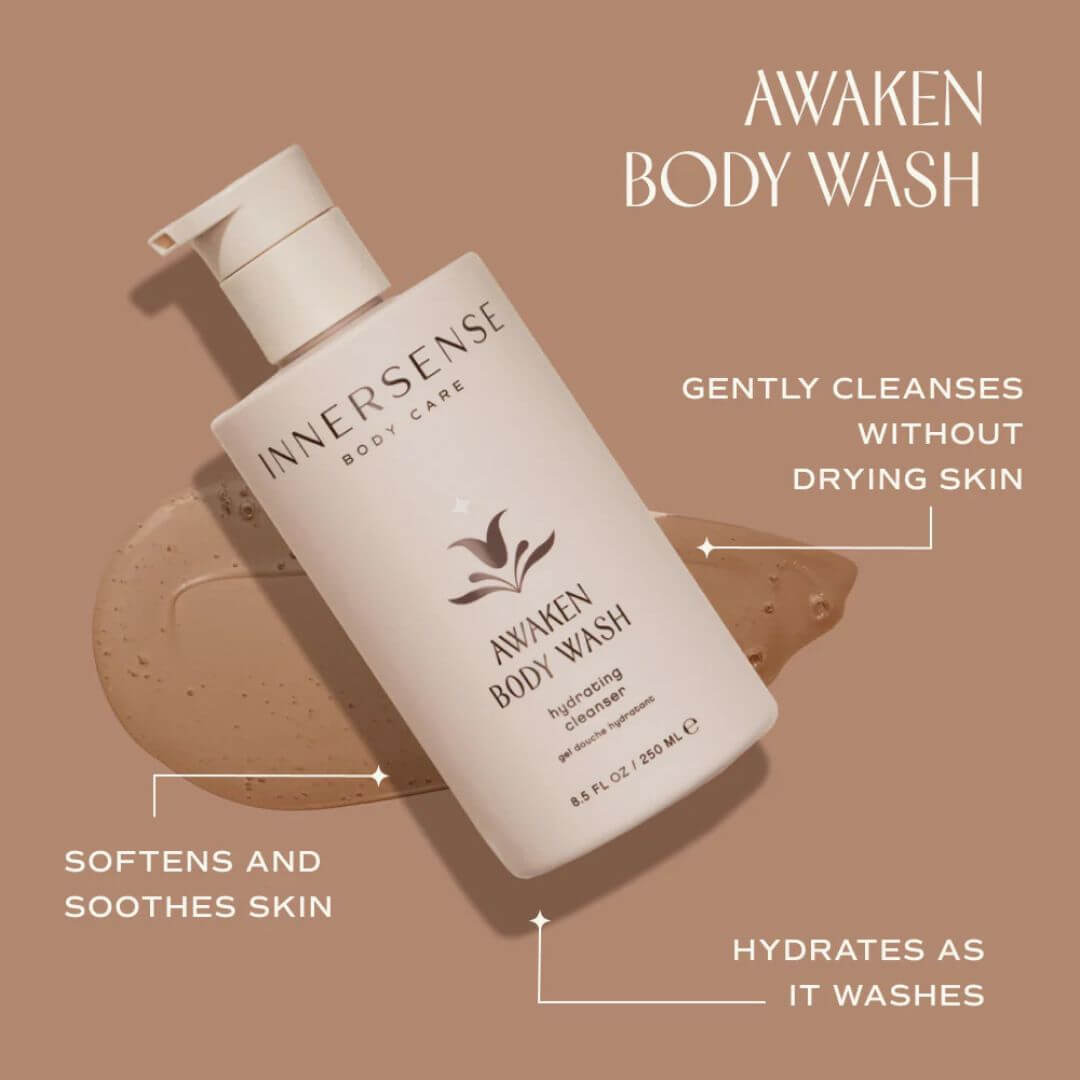 Innersense Awaken Body Wash bottle on a brown background with product features highlighted.