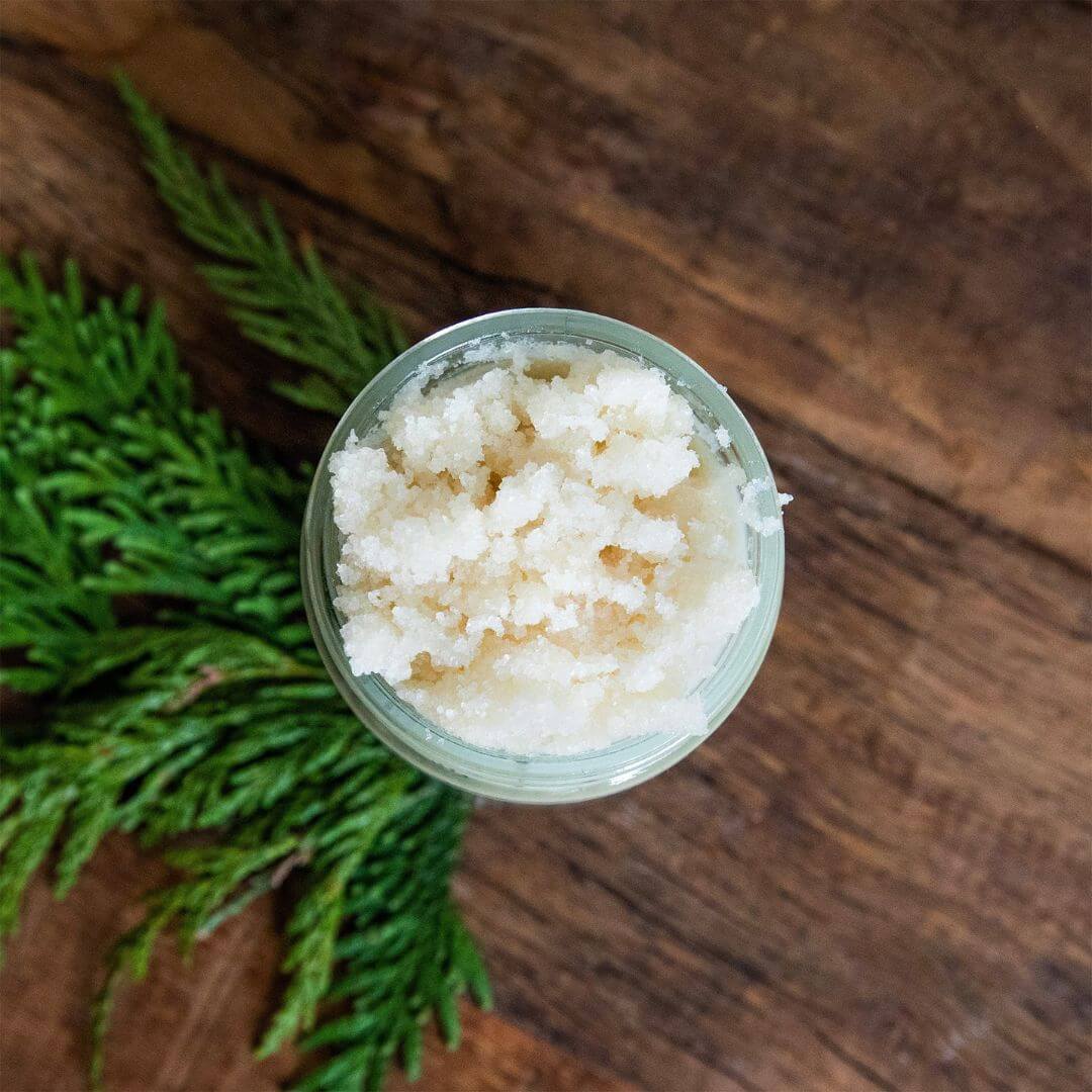 A jar filled with Little Seed Farm Organic  exfoliating scrub, photographed from above on a rustic wooden surface with green pine branches around it.