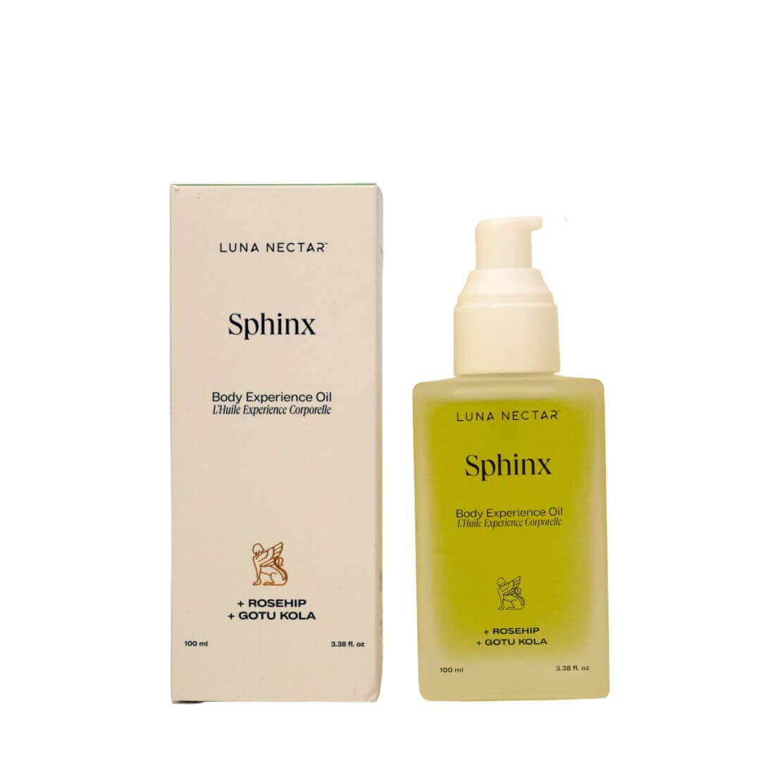 Luna Nectar Sphinx Body Experience Oil with packaging on a white background