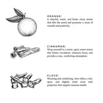 Illustrations of an orange, cinnamon sticks, and cloves with descriptive text on a white background.