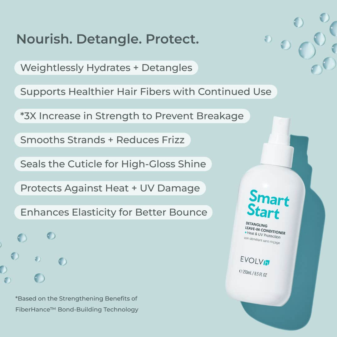 A bottle of EVOLV Smart Start Detangling Hair Conditioner on a light blue background with text describing hair care benefits.