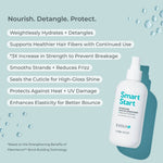 A bottle of EVOLV Smart Start Detangling Hair Conditioner on a light blue background with text describing hair care benefits.
