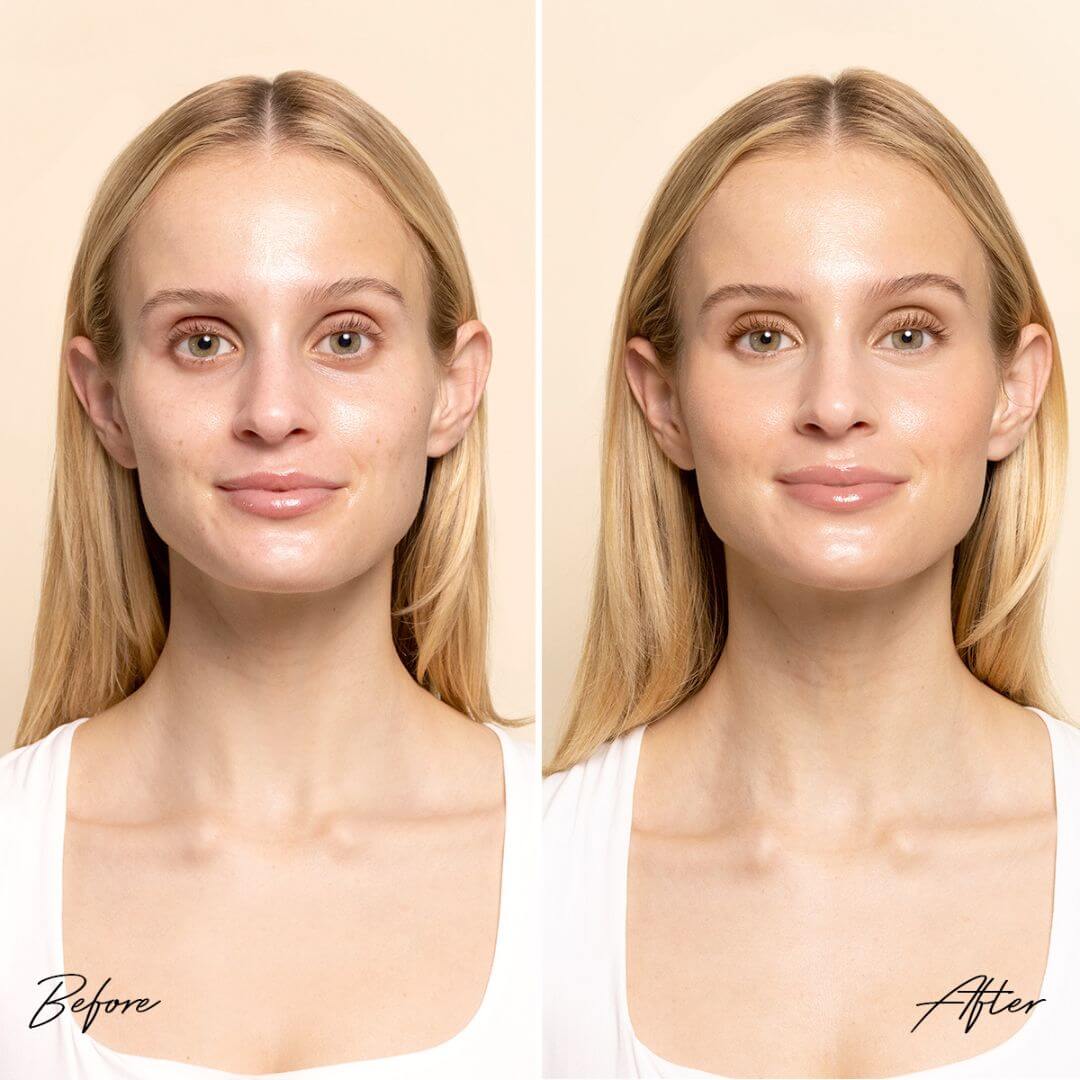 Before and after comparison of woman with fair skin wearing Solara Fortune Teller Microtint 1