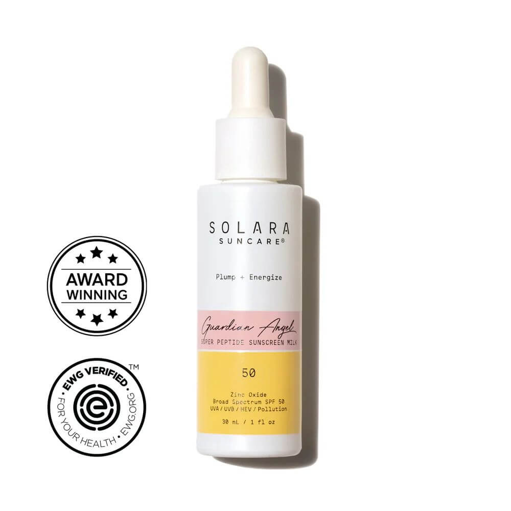 Solara Suncare Guardian Angel Peptide Sunscreen Milk SPF 50 in a white dropper bottle with a yellow and pink label, shown on a white background with two award badges on the left.