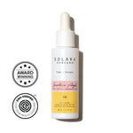 Solara Suncare Guardian Angel Peptide Sunscreen Milk SPF 50 in a white dropper bottle with a yellow and pink label, shown on a white background with two award badges on the left.