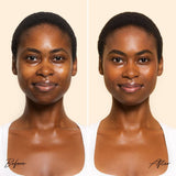 Before and after comparison of a woman wearing Solara Fortune Teller MicroTint 2