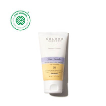 Solara sunscreen tube on a white background with a green logo.