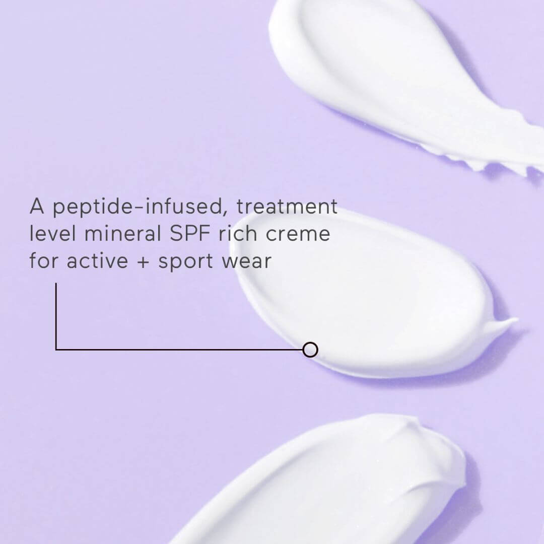 Solara sunscreen swatch on a purple background with text about a peptide-infused SPF crème.