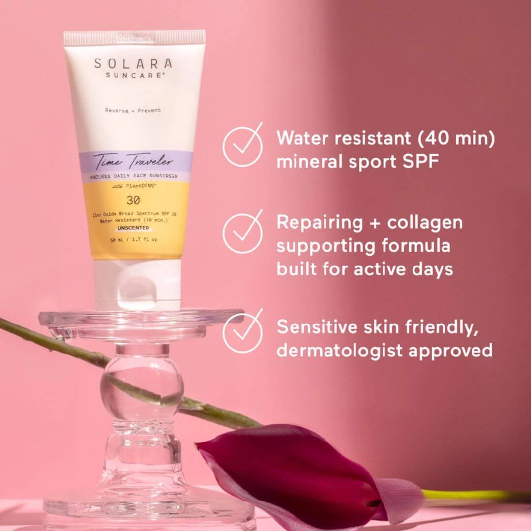 Solara sunscreen tube with pink background and product features listed