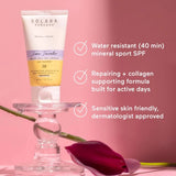 Solara sunscreen tube with pink background and product features listed