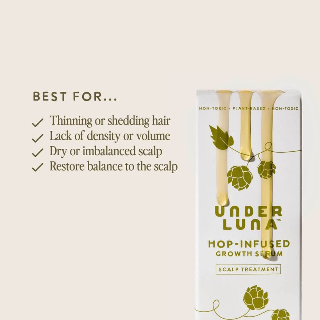 Under Luna Hop-Infused Growth Serum scalp treatment packaging  listing benefits for thinning or shedding hair, lack of density or volume, dry or imbalanced scalp.