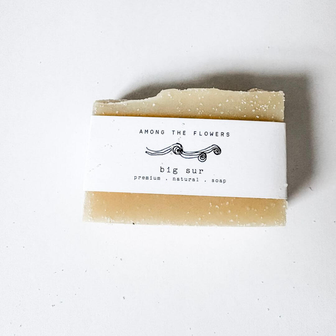 Bar of soap Among the Flowers Big Sur Soap with a label on a white background