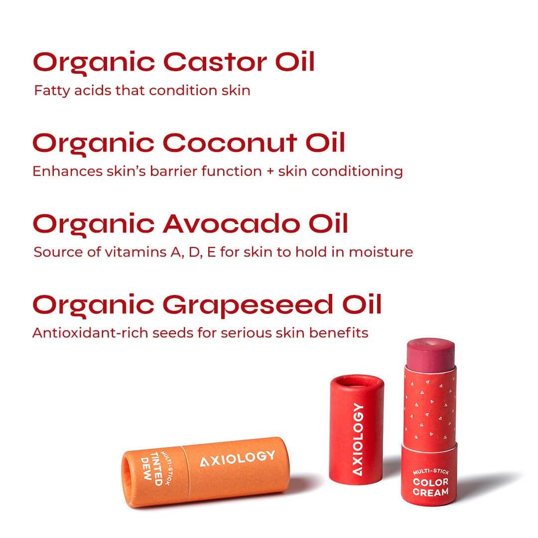 Axiology lip balm with organic oils text on a white background