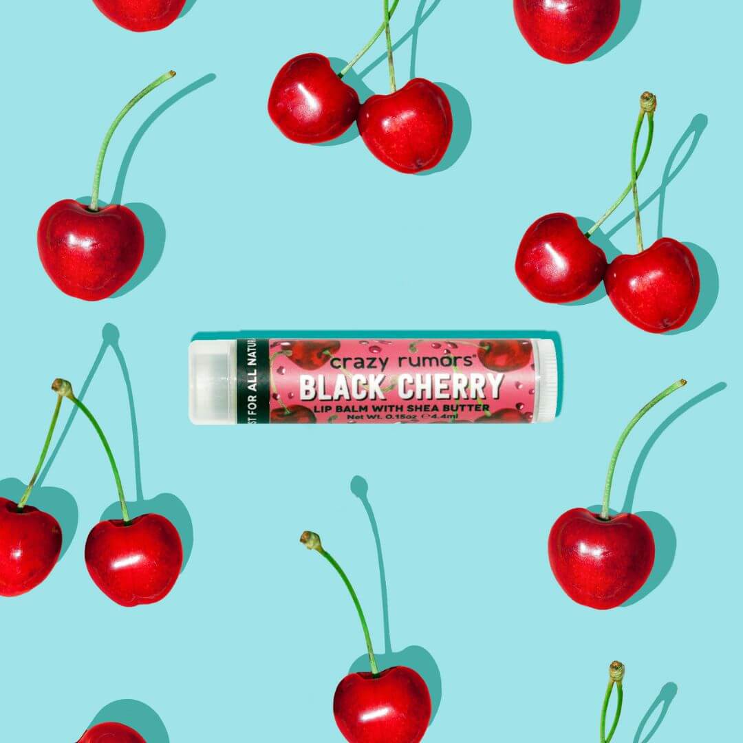 Crazy Rumors 'Black Cherry' surrounded by red cherries on a blue background
