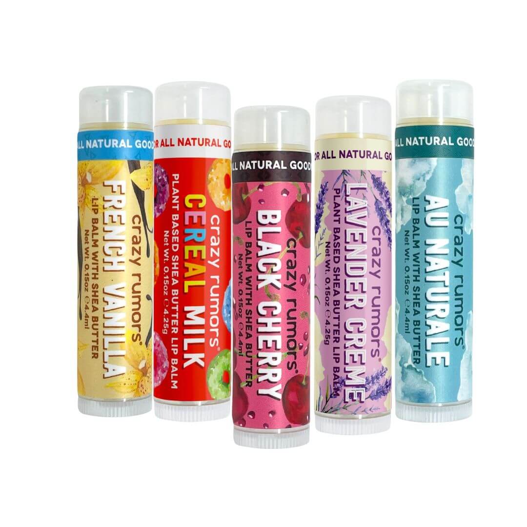 Five Crazy Rumors lip balm tubes with colorful packaging on a white background