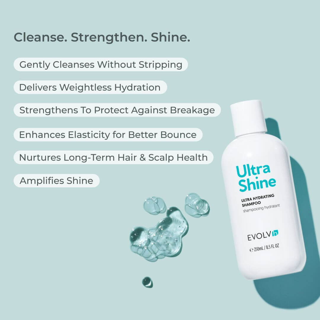 Evolve Ultra Shine shampoo bottle with product benefits on a light blue background