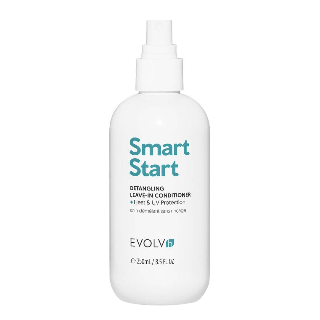 A white plastic spray bottle of EVOLVI Smart Start Detangling Leave-in Conditioner with teal text, centered on a plain white background.
