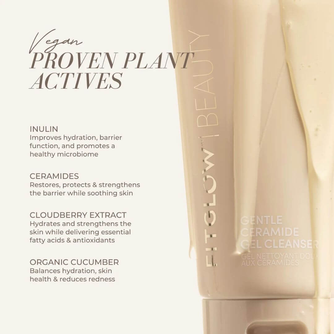Fitglow Gentle Ceramide Gel Cleanser bottle with key ingredients including ceramides, cloudberry, cucumber, and prebiotic inulin
