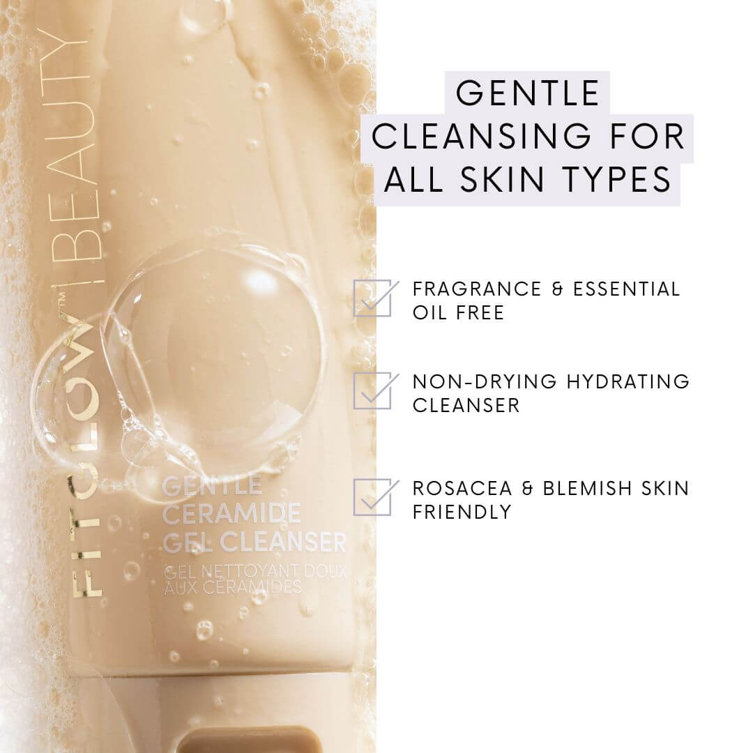 Fitglow Gentle Ceramide Gel Cleanser bottle with gentle cleansing benefits for sensitive skin shown in bullet points