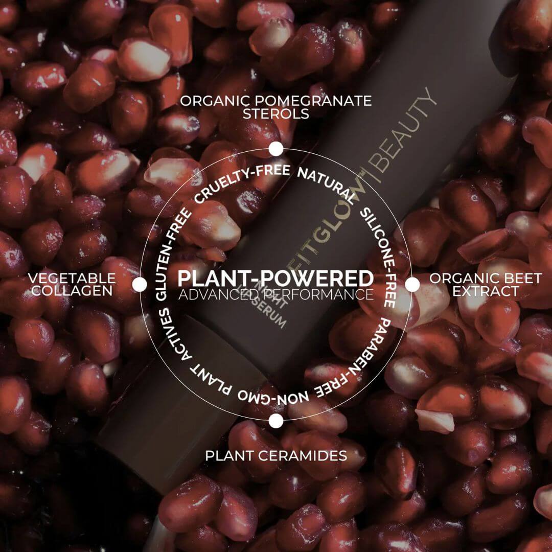 Fitglow Night lip serum with pomegranate seeds and ingredient list on a dark background