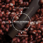 Fitglow Night lip serum with pomegranate seeds and ingredient list on a dark background