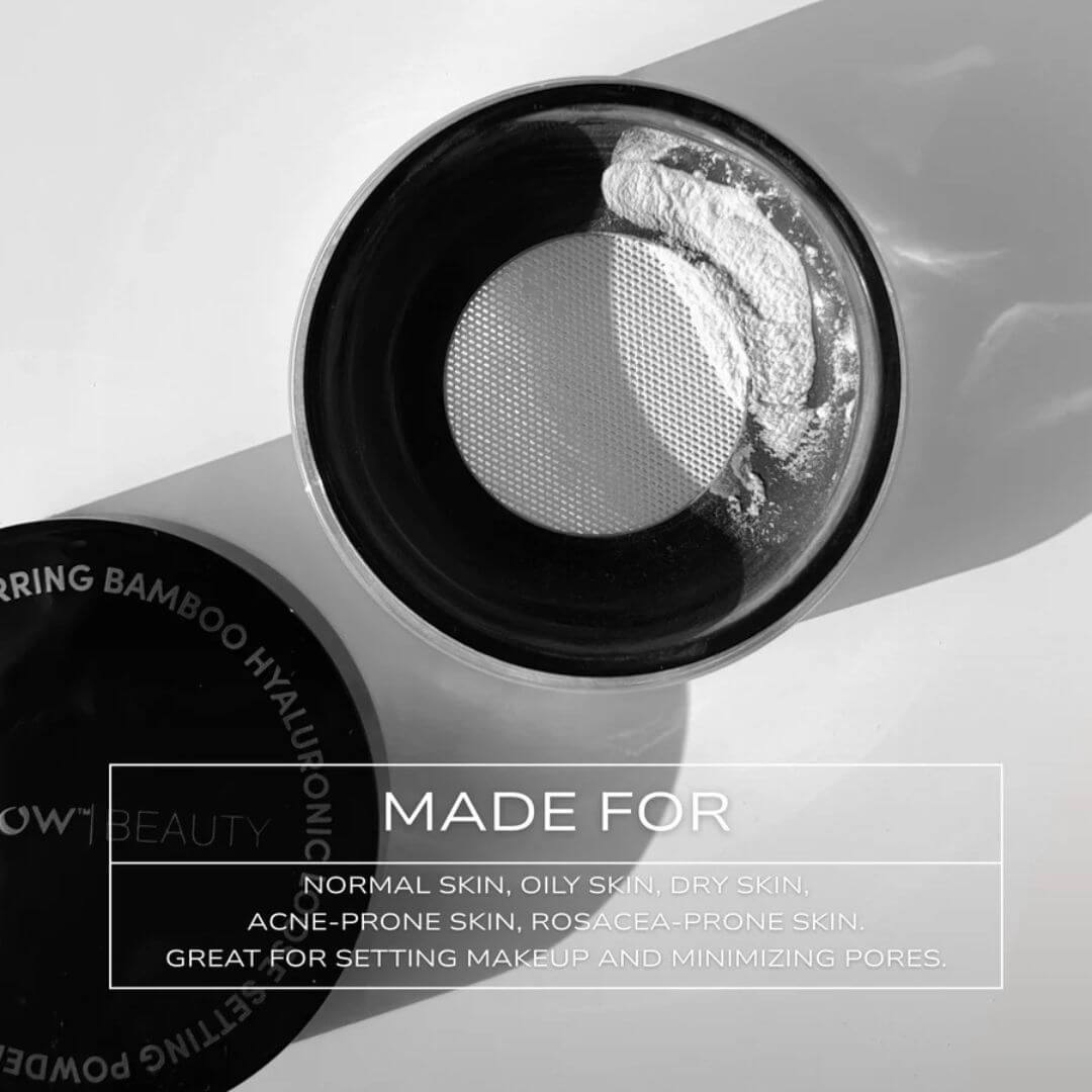 Fitglow bamboo blur powder compact with a mirror on a white background, featuring text about skin types and product use.