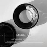 Fitglow bamboo blur powder compact with a mirror on a white background, featuring text about skin types and product use.