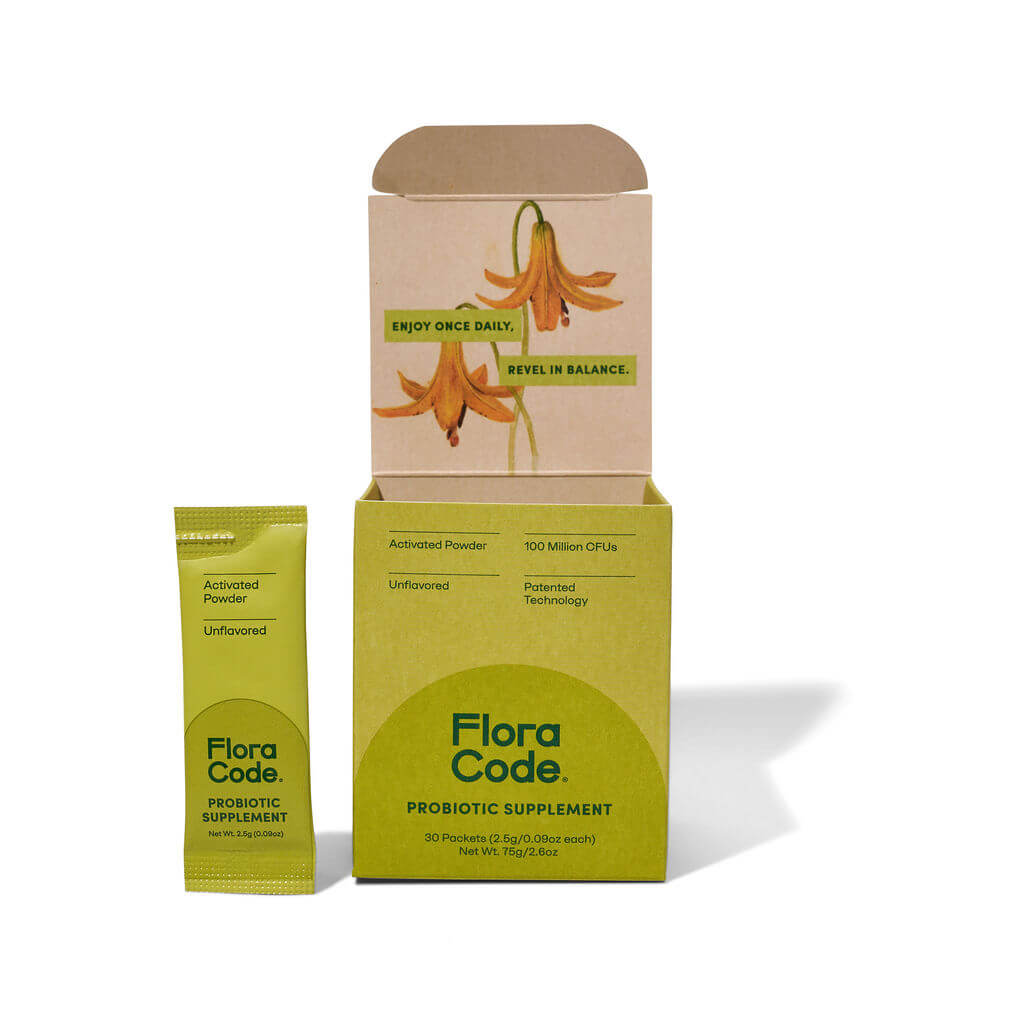 Flora Code probiotic supplement packaging on a white background