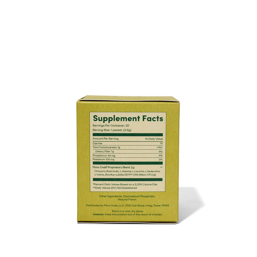 Flora Code supplement facts label on a green box with a white background