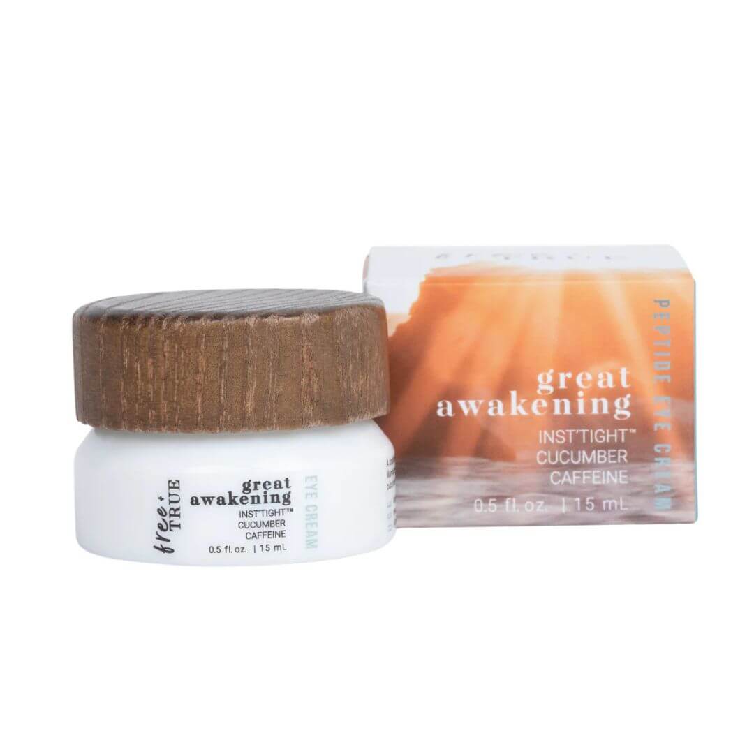 Free + True Great Awakening eye cream product with wooden cap on a white background