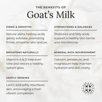 List of benefits of goat's milk on a white background with a blurred image of a goat.