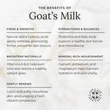 List of benefits of goat's milk on a white background with a blurred image of a goat.