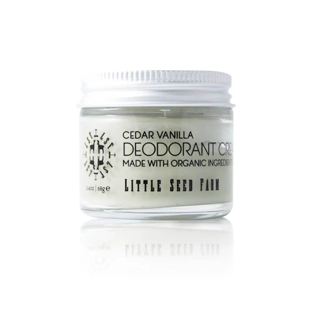 Jar of Cedar Vanilla Deodorant Cream by Little Seed Farm on a white background