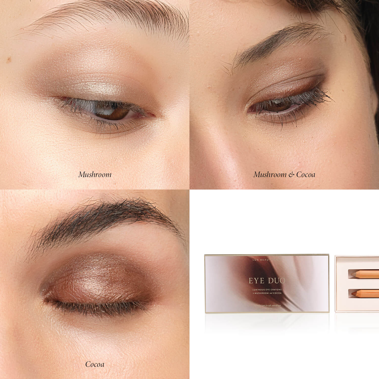 Luk eyeshadow pencils in browns on model