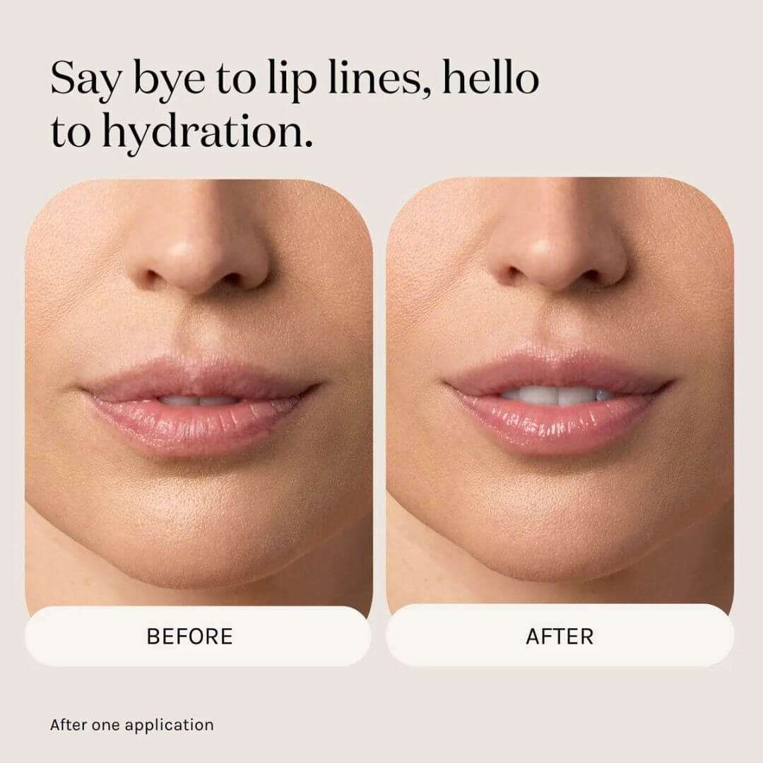 Before and after comparison of lips with text with Kari Gran Peptide Lip Balm