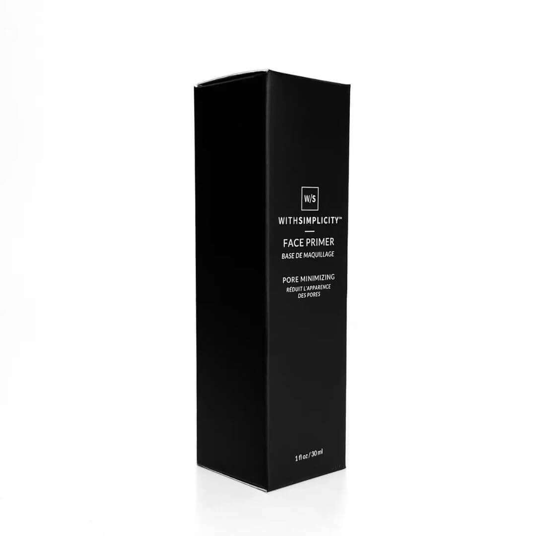 Black box of withSimplicity face primer with white text on a white background
